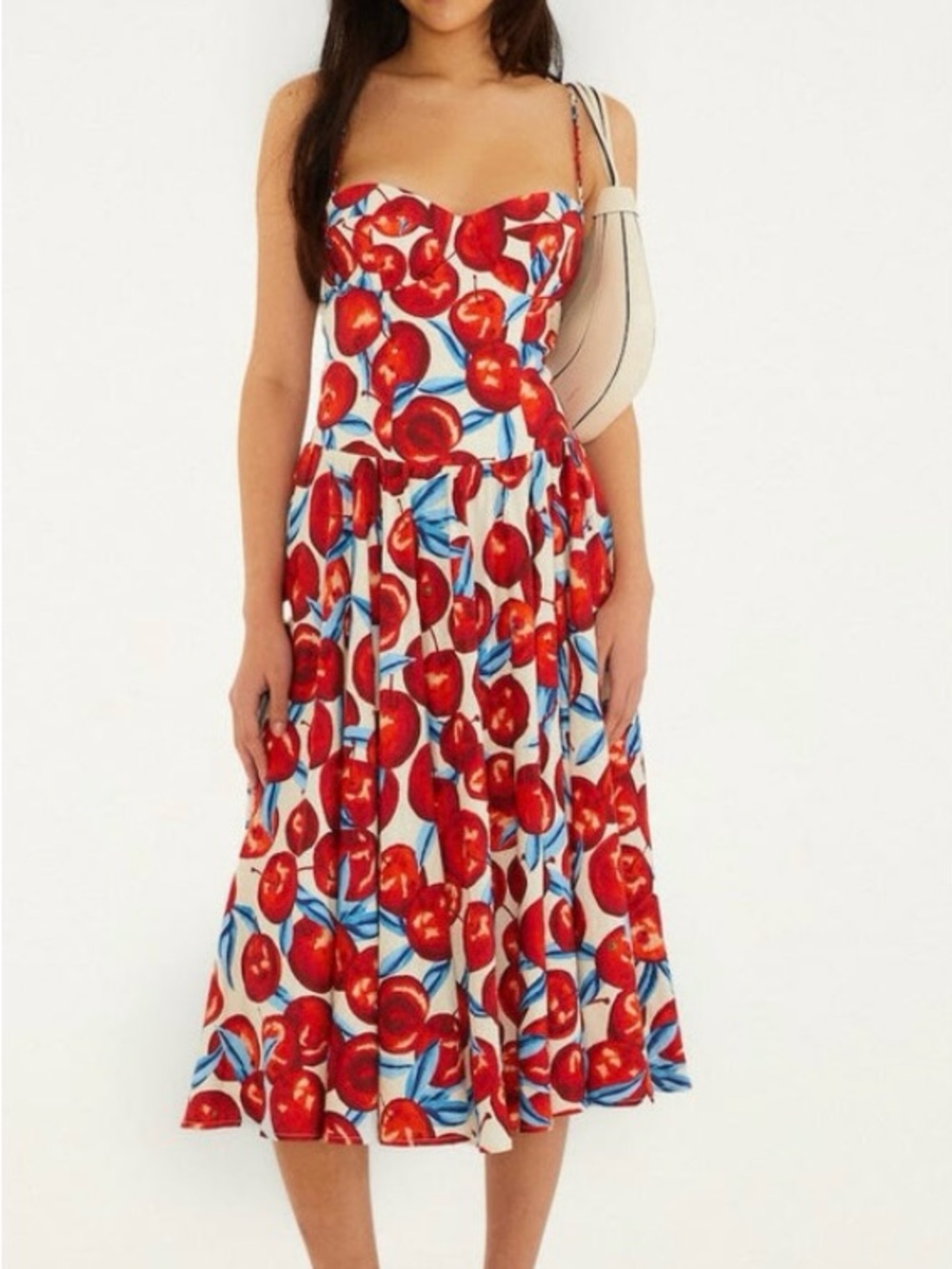 FARM Rio Strapless Cherry-Print Midi Dress in Red, Blue and Cream